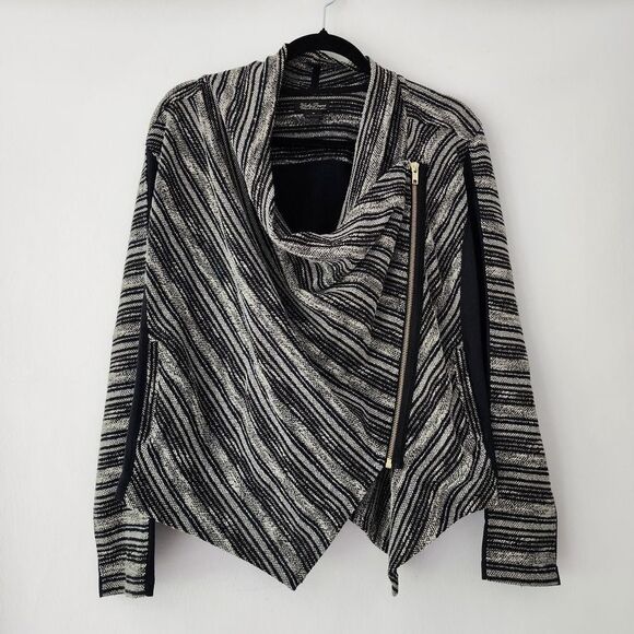 Lucky Brand Sweater Striped Open Front Moto Asymmetrical Zip‎ Boho Cardigan sz M - Picture 1 of 10